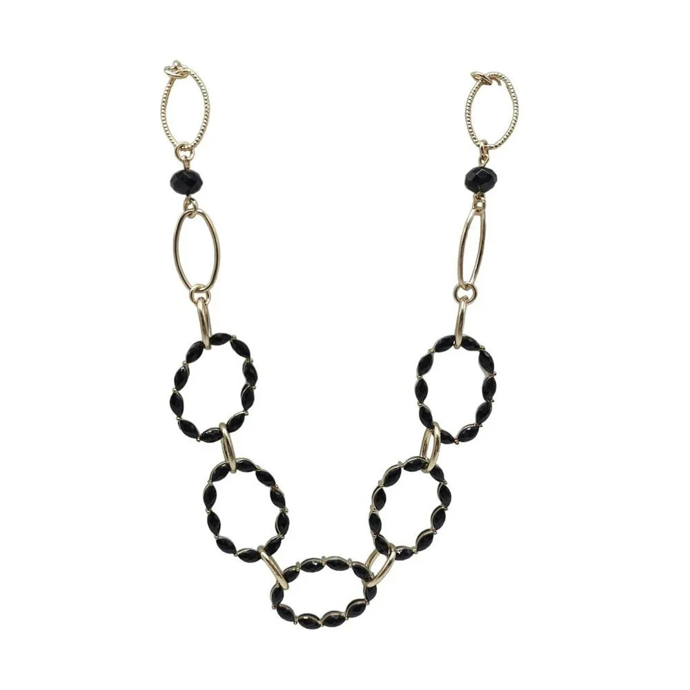 Mialisia Black Glass Bead Oval Link Chain Necklace Hook Clasp Vintage